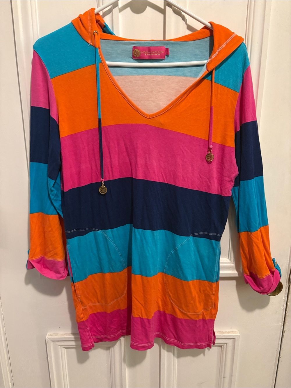 Striped Hooded V-Neck Tunic - Orange, Pink & Teal